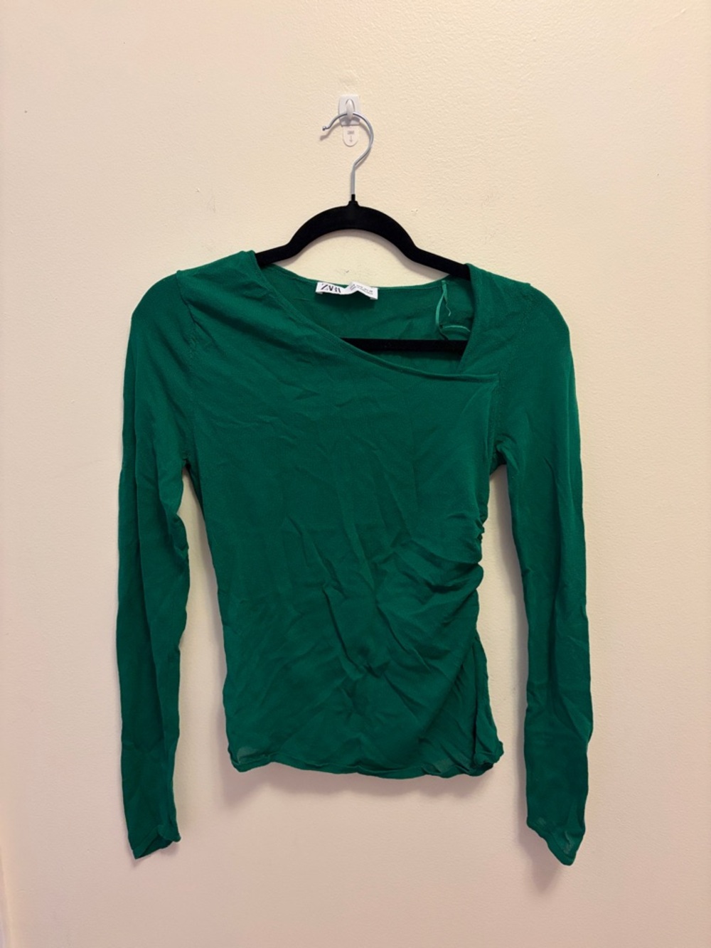 Zara Emerald Green Long-Sleeve Ruched Asymmetric Top